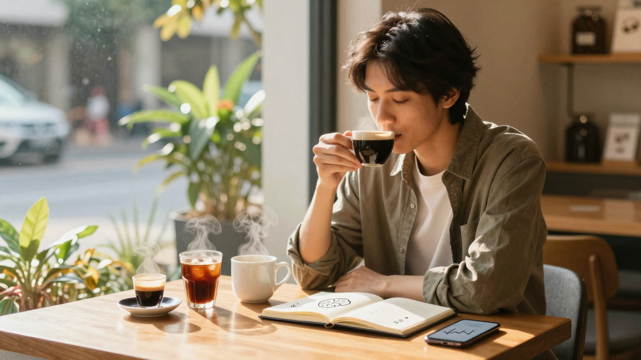 Homem sentado numa mesa a beber café enquanto lê um livro aberto num café iluminado pela luz natural.