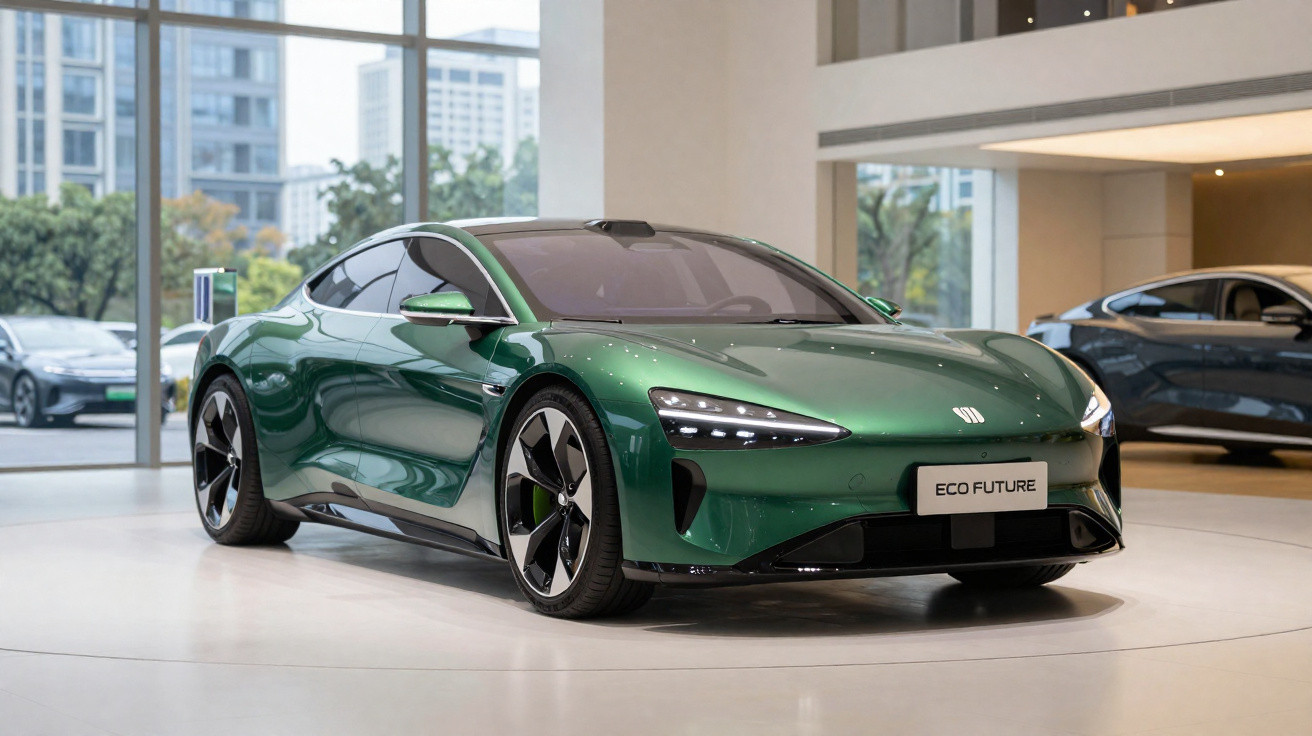 Carro desportivo eléctrico verde metálico exibido em showroom moderno com placa "ECO FUTURE".