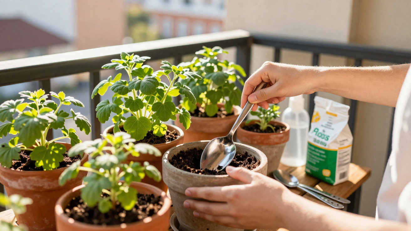 Mãos a semear terra em vaso com plantas em varanda iluminada pelo sol.
