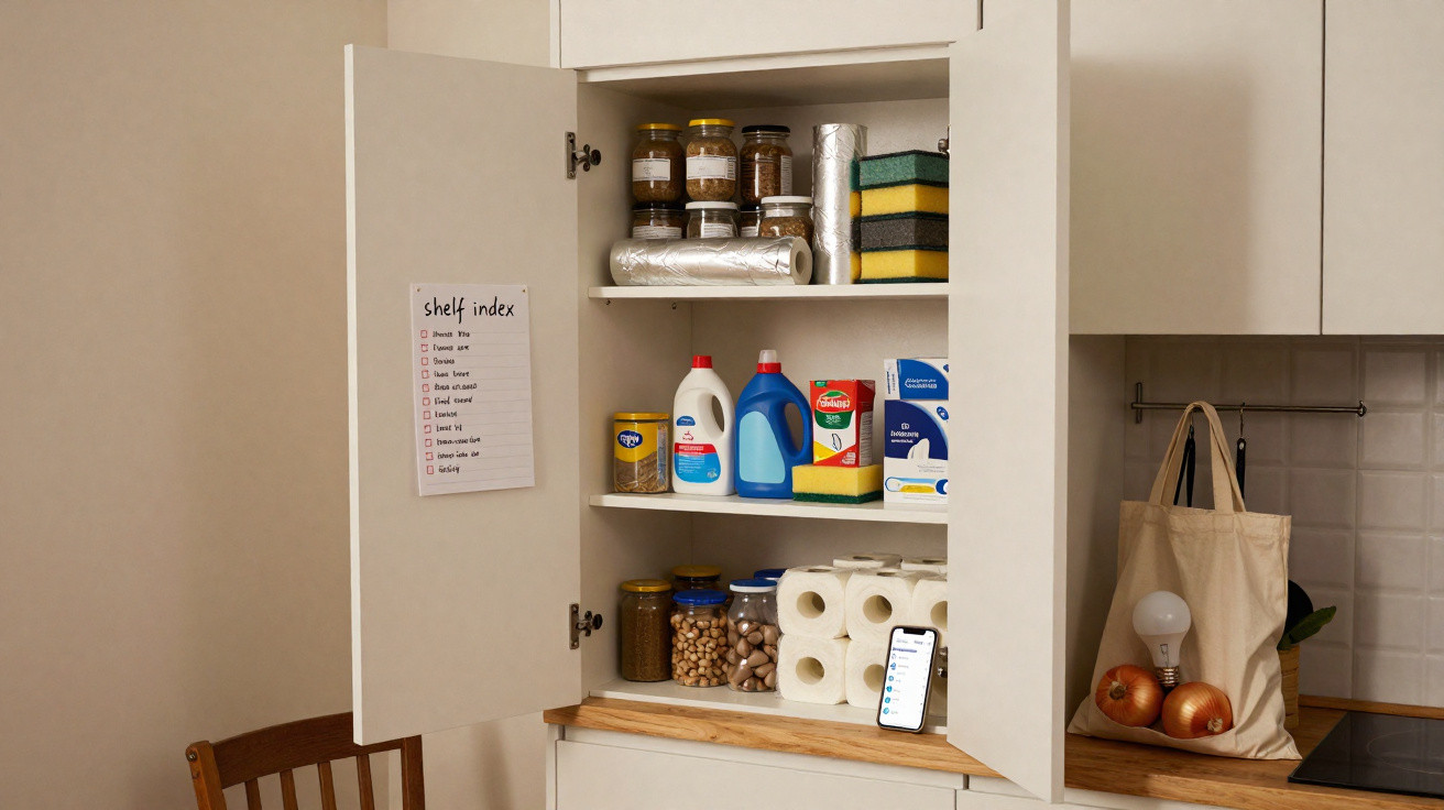 Despensa organizada com produtos de limpeza, rolos de papel, frascos de especiarias e lista de inventário na porta.