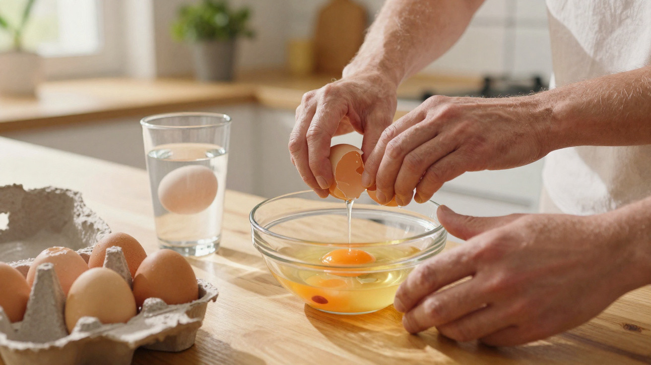 Pessoa a partir ovos para uma taça de vidro numa cozinha com ovos numa caixa e copo de água.