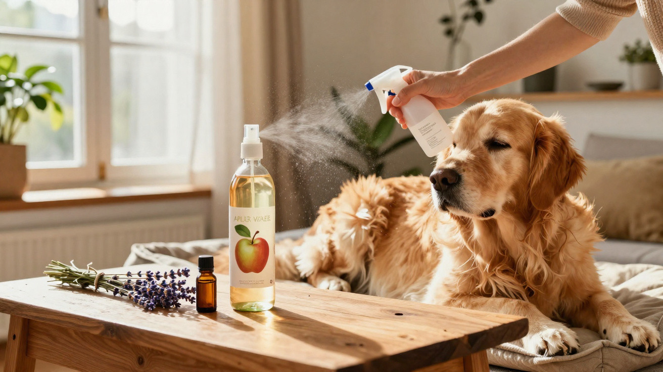 Pessoa borrifa spray perto de cão dourado num ambiente interior com luz natural e objetos sobre mesa de madeira.