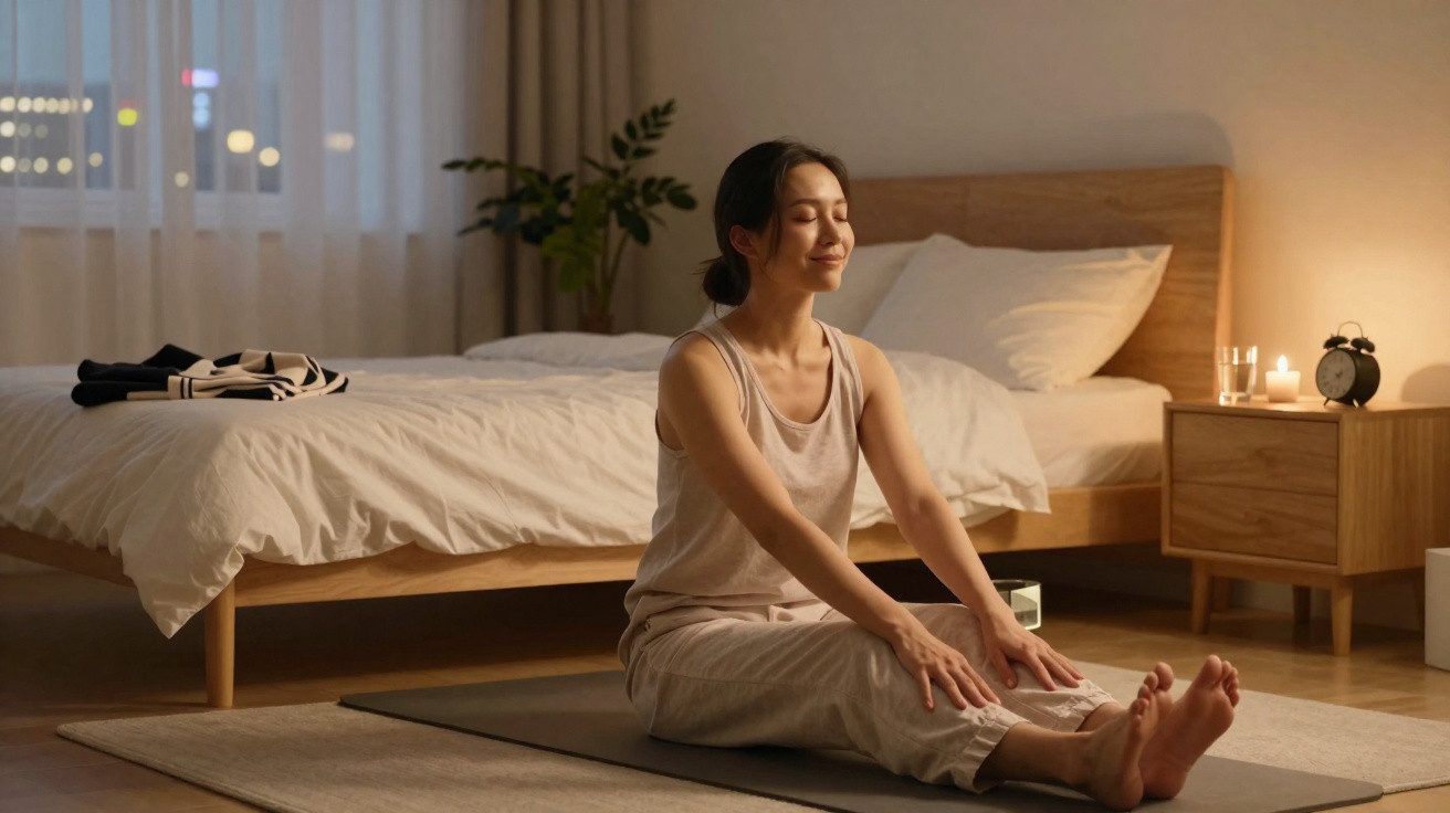 Mulher sentada no chão a alongar-se numa sala iluminada suavemente, com cama e candeeiro ao fundo.