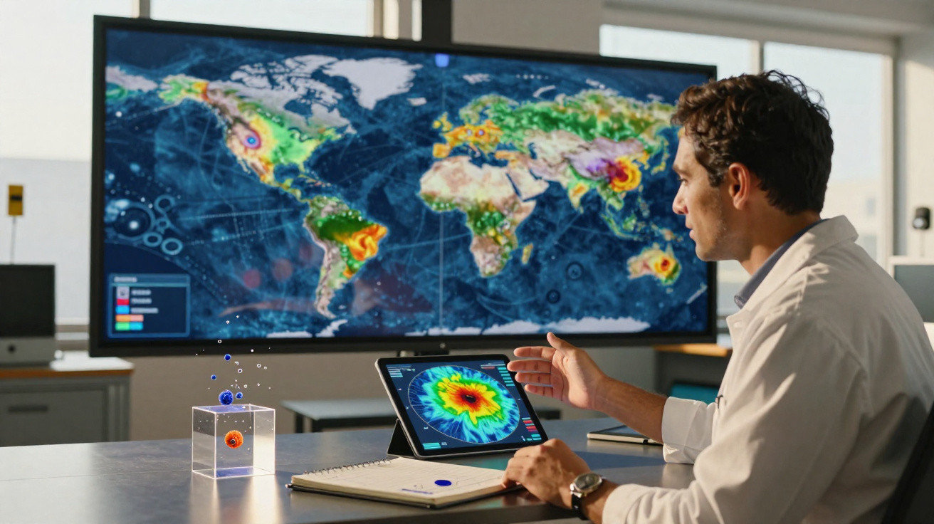 Homem analisando dados meteorológicos num tablet, com mapa mundial de clima intenso num monitor.