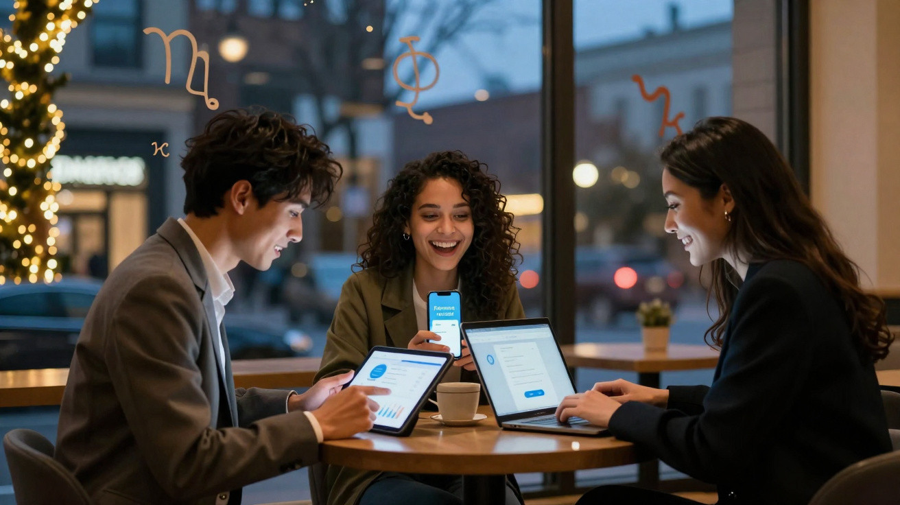 Três jovens em reunião casual, usando laptop, tablet e smartphone numa cafeteria iluminada à noite.