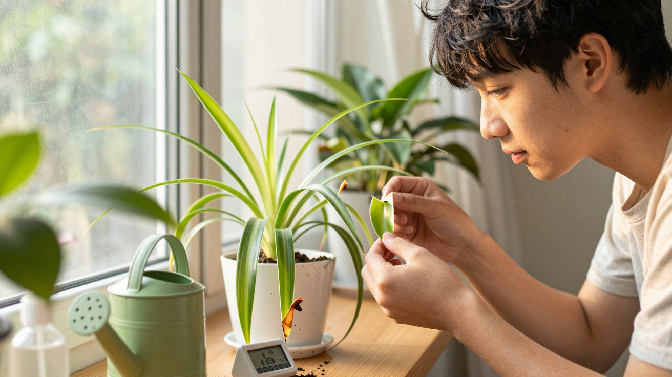 Homem jovem a inspeccionar folhas de plantas num parapeito com regador e dispositivo digital.