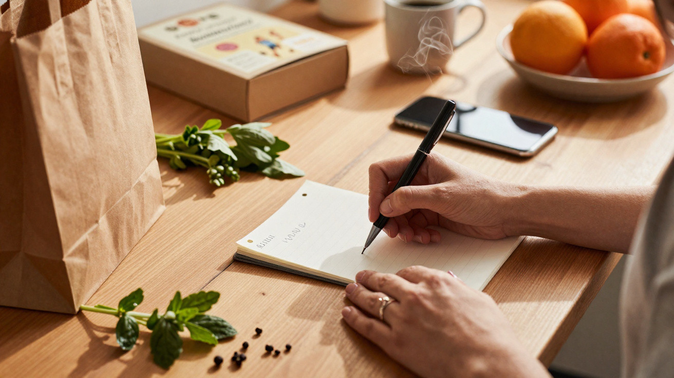 Pessoa a escrever num caderno numa mesa de madeira com chá quente, smartphone, legumes e frutas ao fundo.