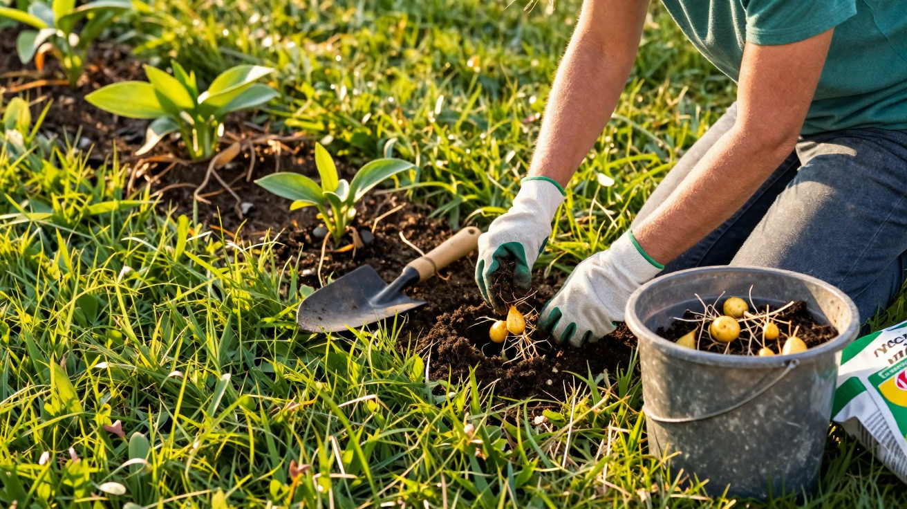 Pessoa a plantar batatas pequenas num campo verde com uma pá e um balde de metal.