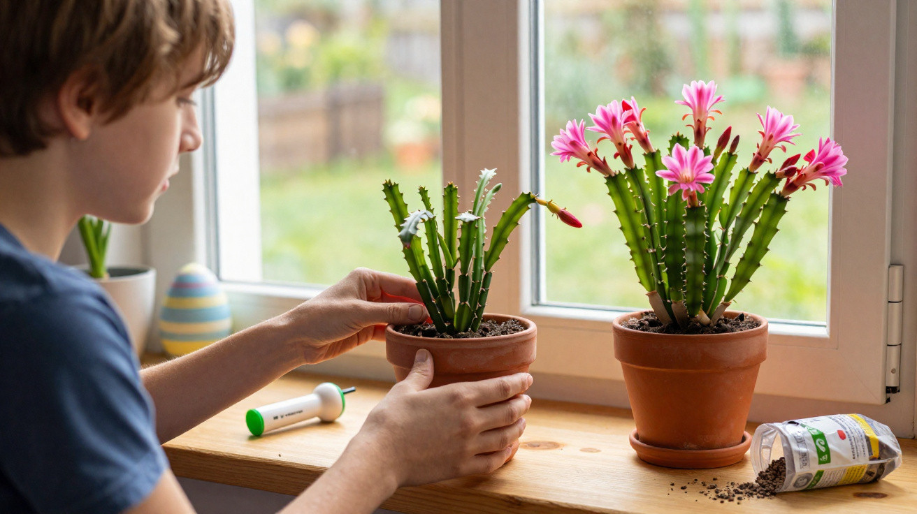 Criança a cuidar de cactos em vasos junto à janela, com terra de vaso e fertilizante na mesa.