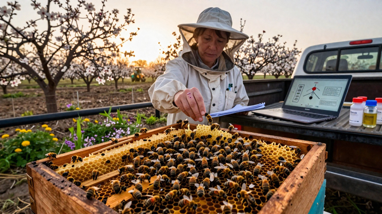 Apicultora a examinar colmeia cheia de abelhas em pomar com flores e computador no campo ao pôr do sol.