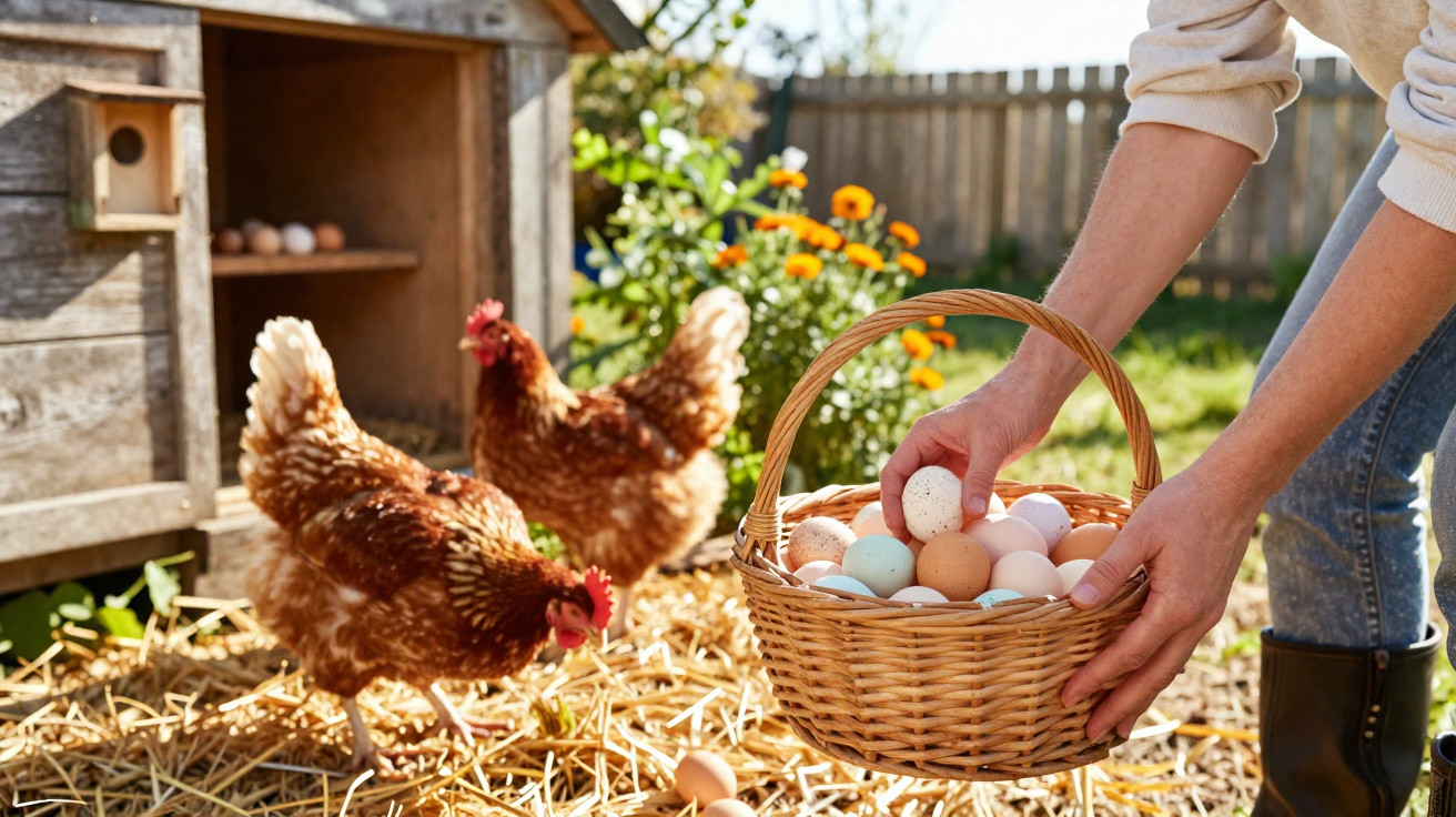 Mãos a apanhar ovos numa cesta, com duas galinhas castanhas num galinheiro ensolarado.