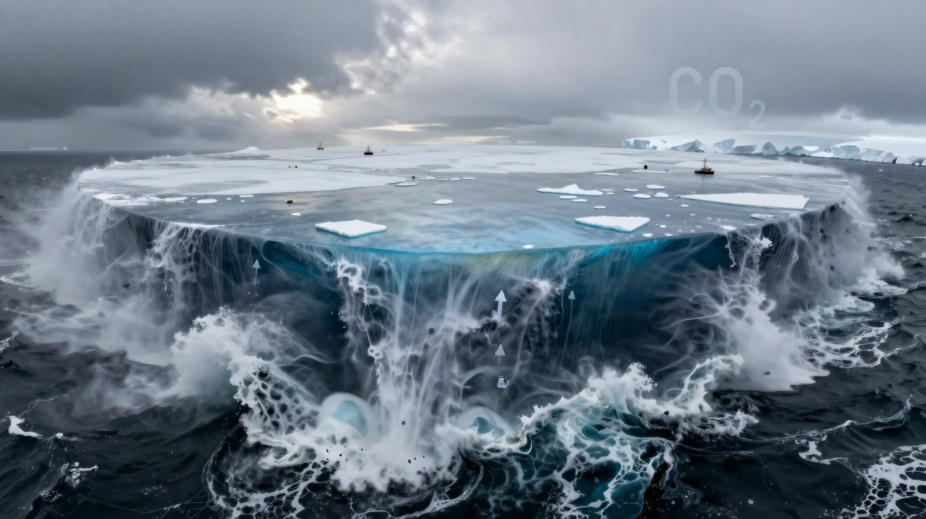 Bloco de gelo gigante derretendo no oceano sob céu nublado, simbolizando o impacto do CO2 no clima.