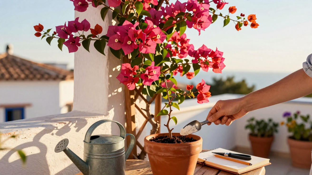 Pessoa a adubar planta com flores cor-de-rosa num vaso de barro numa varanda ensolarada.