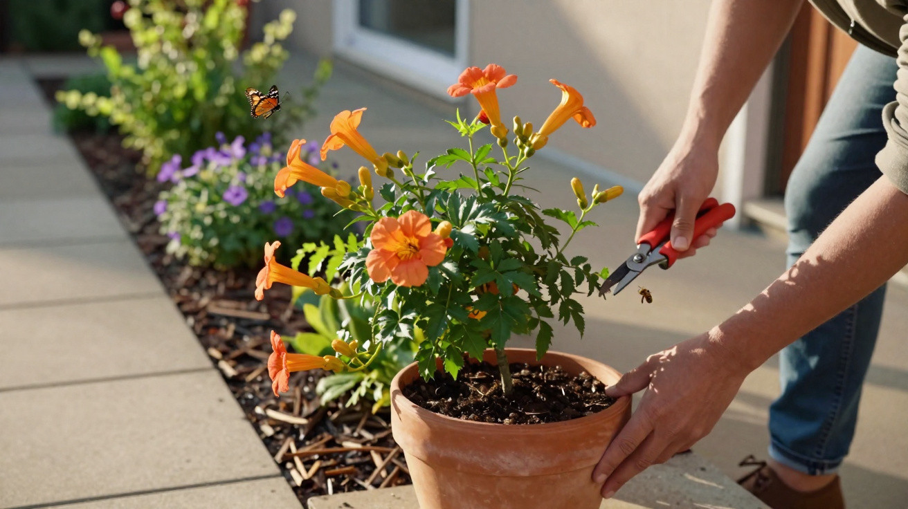 Pessoa com tesoura de poda a cuidar de planta com flores cor de laranja num vaso de barro num jardim.