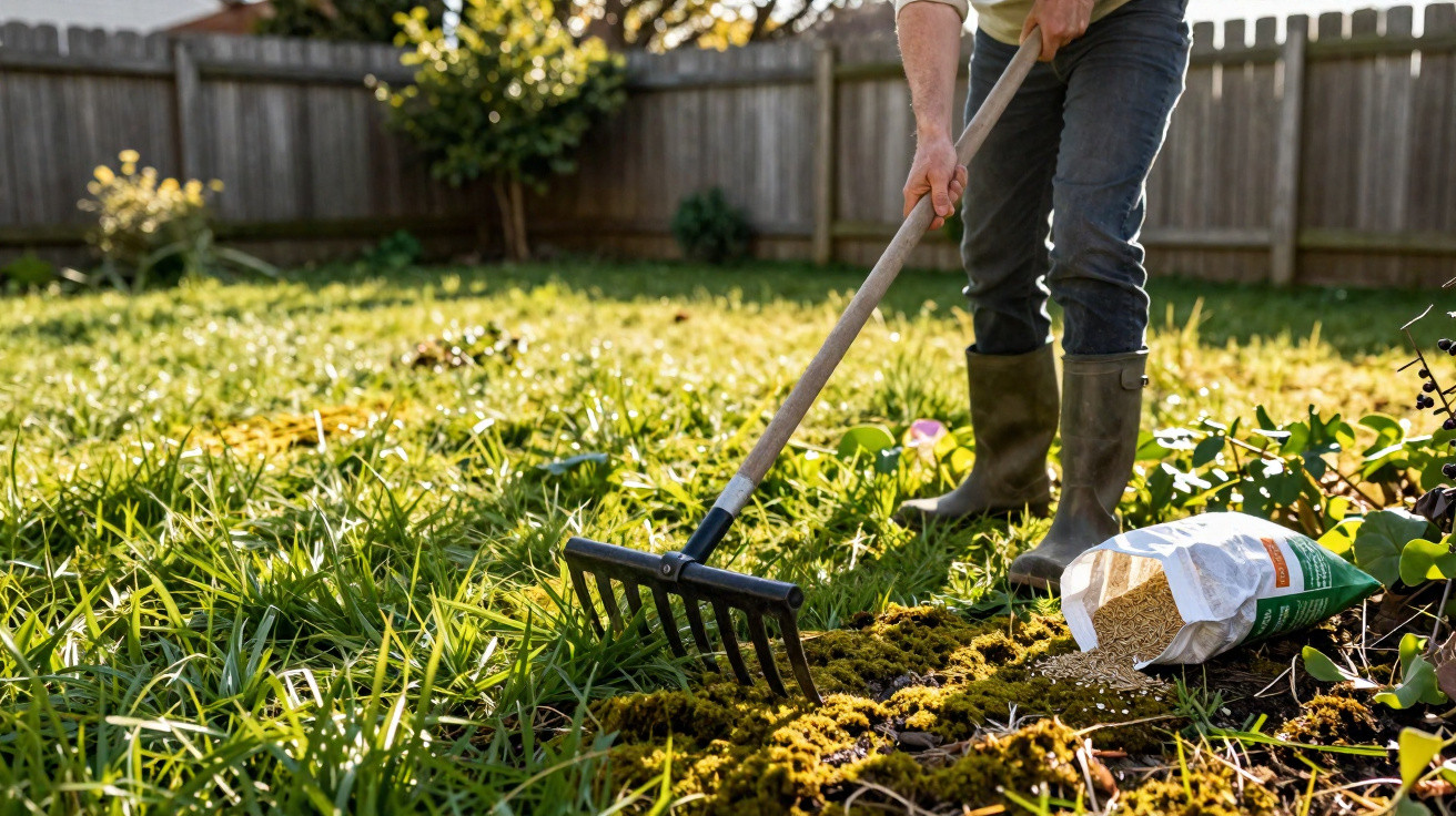 Pessoa a usar ancinho num jardim com saco de fertilizante deitado no chão.