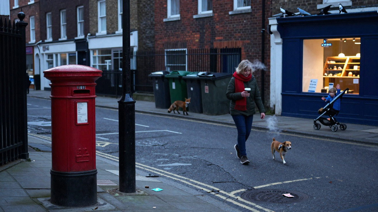 Rua urbana com carteiro vermelho, mulher a passear cão e criança num carrinho junto a loja iluminada.