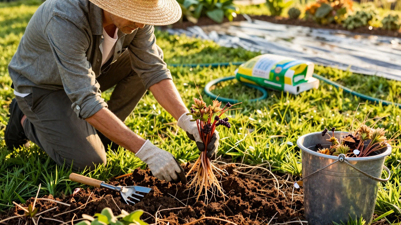 Pessoa a plantar flores num jardim, com chapéu de palha e luvas, rodeada de ferramentas e um balde metálico.