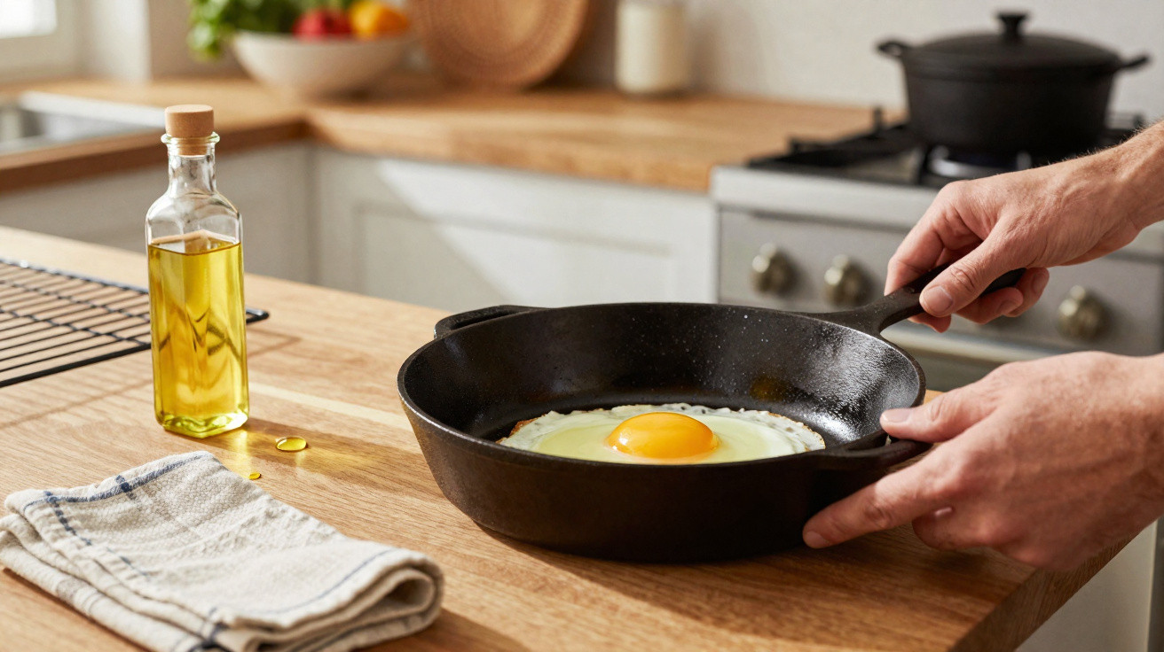 Mãos segurando frigideira com ovo estrelado numa cozinha com azeite e toalha sobre bancada de madeira.