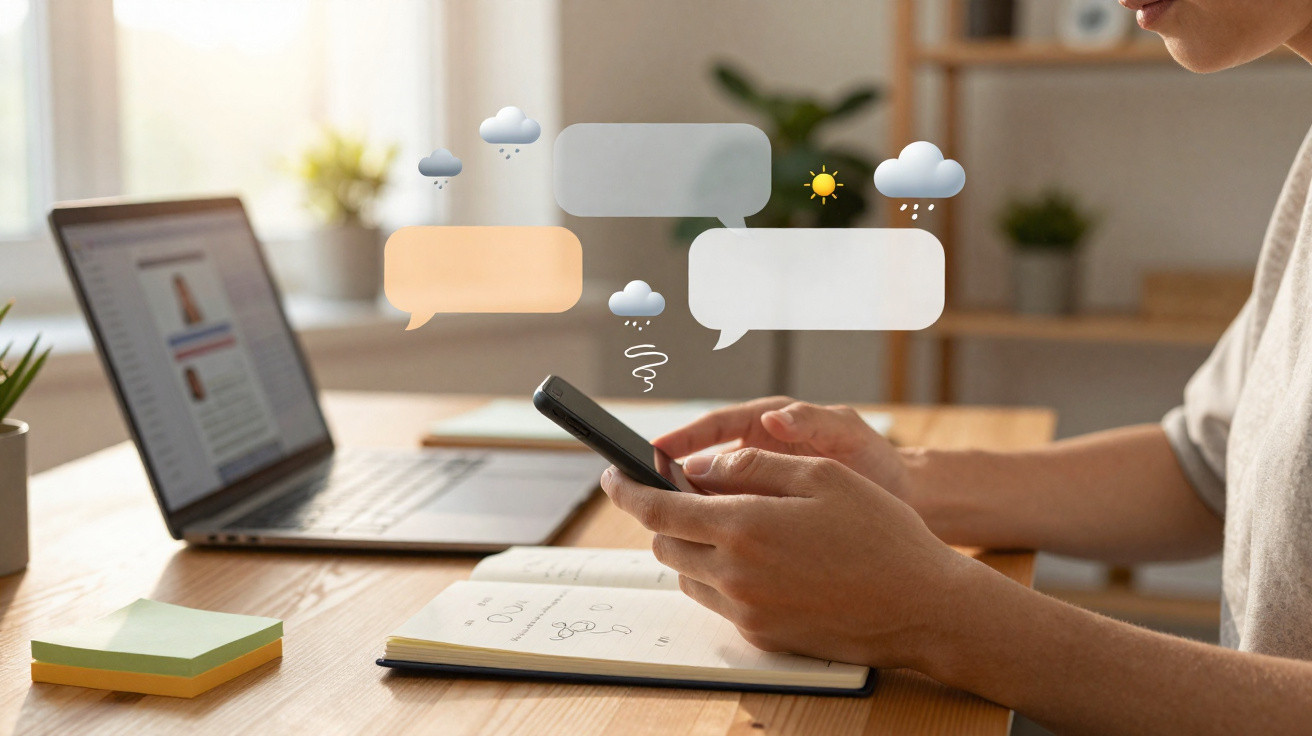 Pessoa a usar smartphone com laptop aberto e ícones de mensagem e clima a flutuar sobre a secretária.