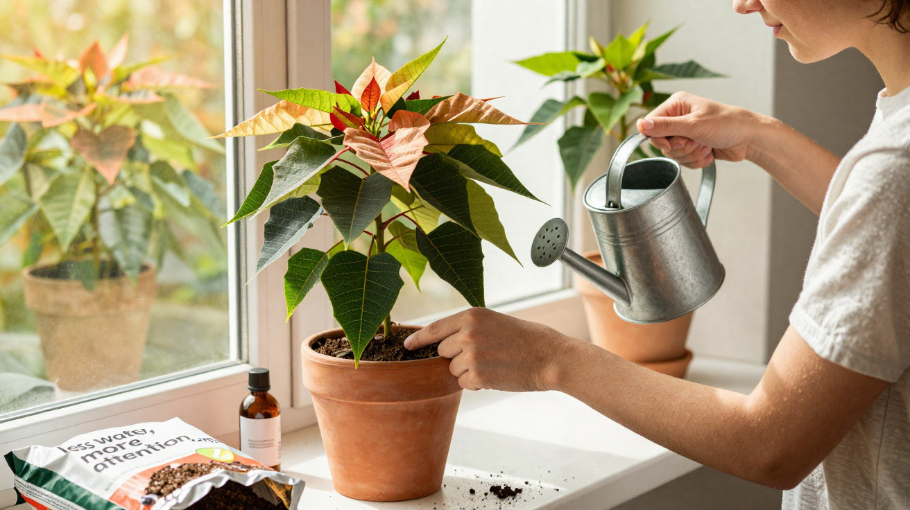 Pessoa a regar planta numa jarra metálica junto a uma janela com luz natural, ao lado terra e um saco de substrato.