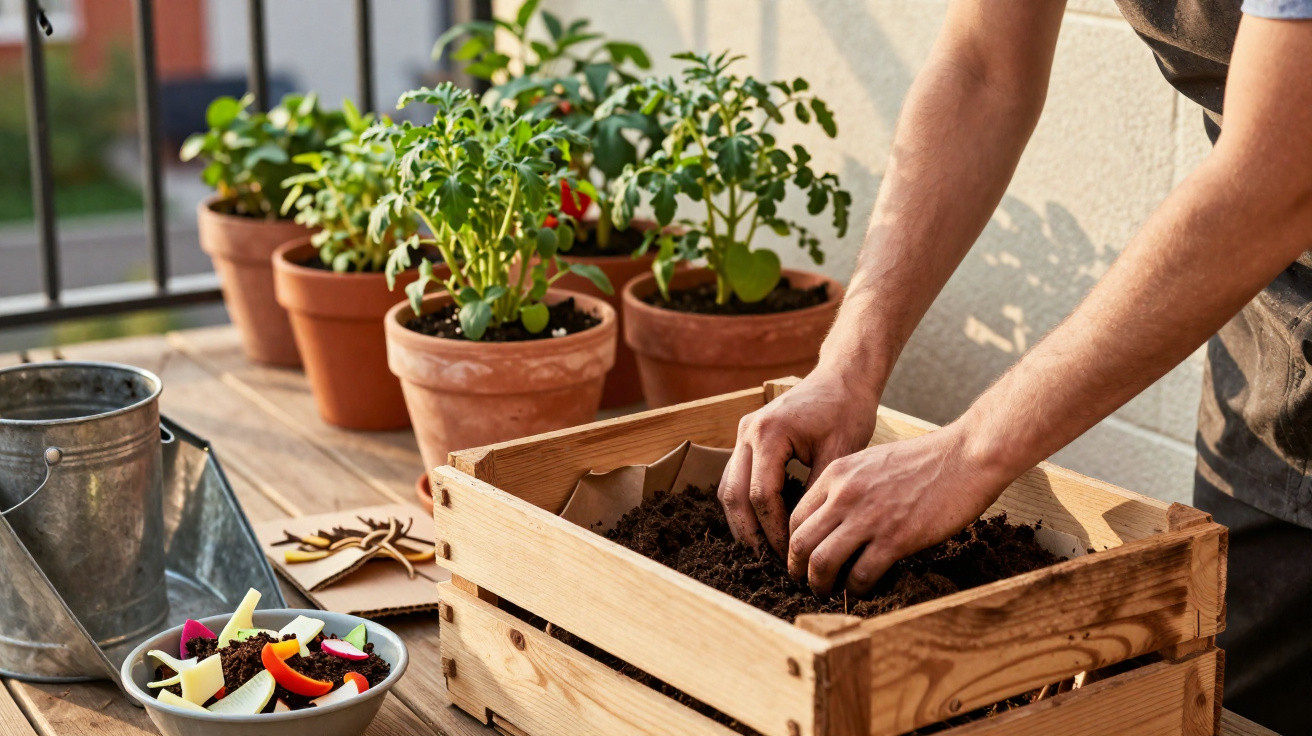 Pessoa a preparar terra para plantar numa caixa de madeira numa varanda com vasos de plantas.