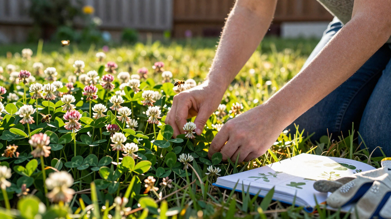 Mãos de pessoa recolhendo flores de trevo branco num campo, com livro de botânica aberto ao lado.