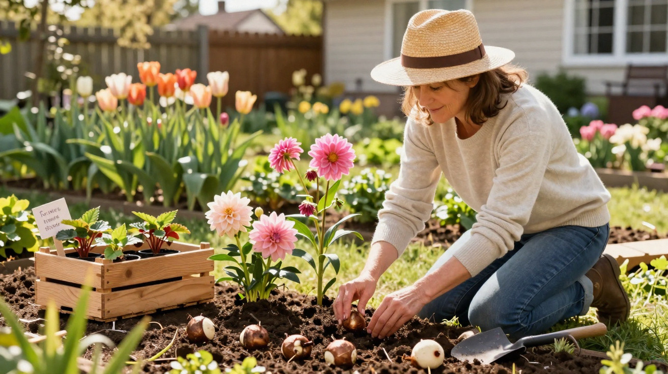 Mulher com chapéu a plantar flores num jardim com tulipas e outras plantas ao fundo.