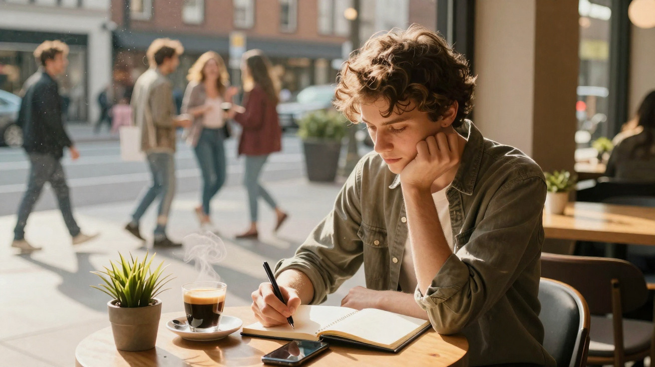 Jovem sentado numa esplanada a escrever num caderno com café quente e um telemóvel na mesa, pessoas a passar ao fundo.