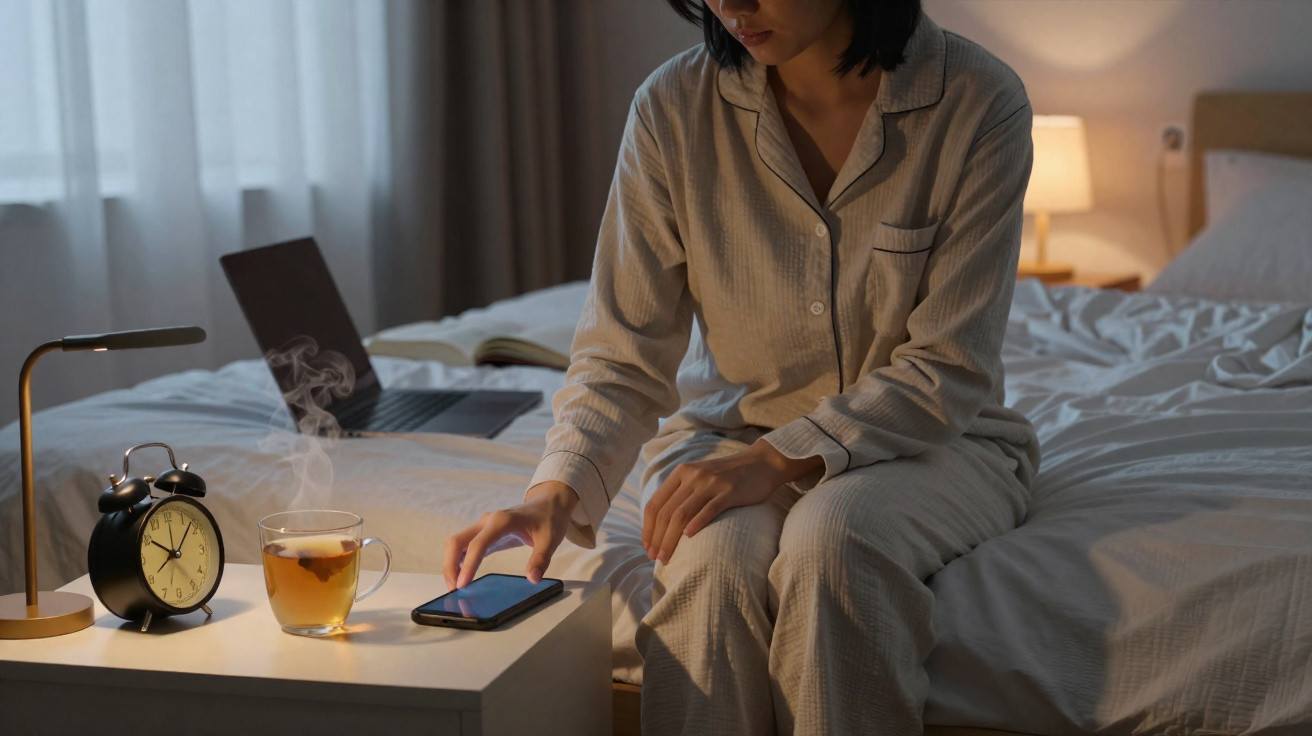 Mulher de pijama sentada na cama a usar telemóvel, com chá quente, relógio e computador portátil na mesa ao lado.