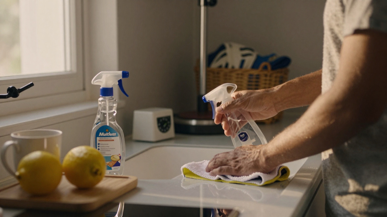 Pessoa a limpar bancada de cozinha com pano e spray de limpeza Multiusos próximo a janela e limões.