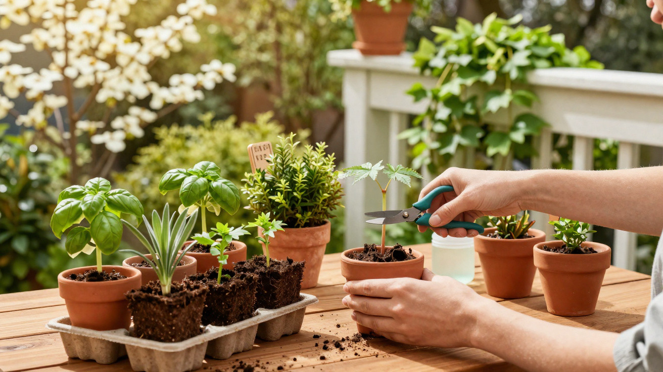 Pessoa a podar planta em vaso de barro numa varanda com várias outras plantas e vasos.