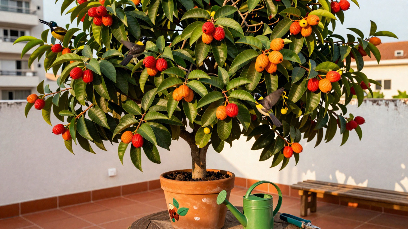 Árvore em vaso com frutos laranja e vermelhos, com bebedouro e pá numa varanda ensolarada.