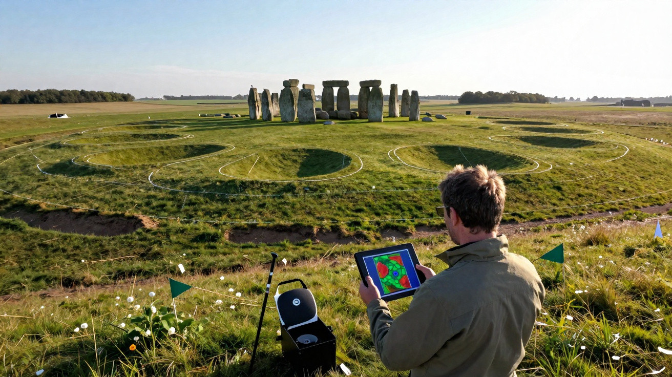Homem a analisar dados num tablet perto do monumento megalítico de Stonehenge num campo aberto.
