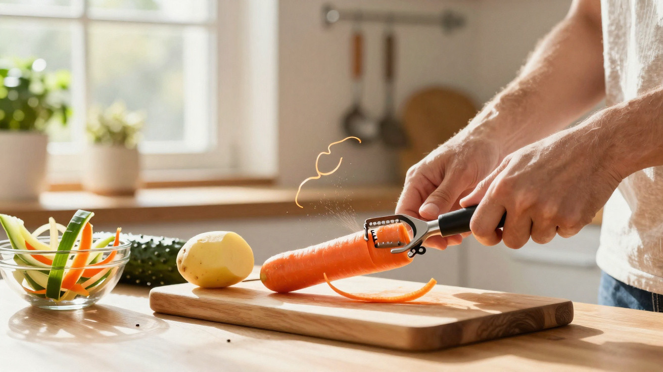 Pessoa a descascar uma cenoura numa tábua de cozinha com legumes frescos ao lado e luz natural.