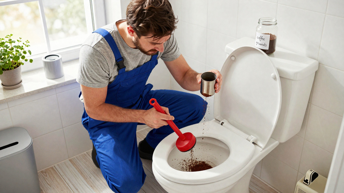 Homem de macacão azul despeja pó de café na sanita, segurando um desentupidor vermelho num quarto de banho.