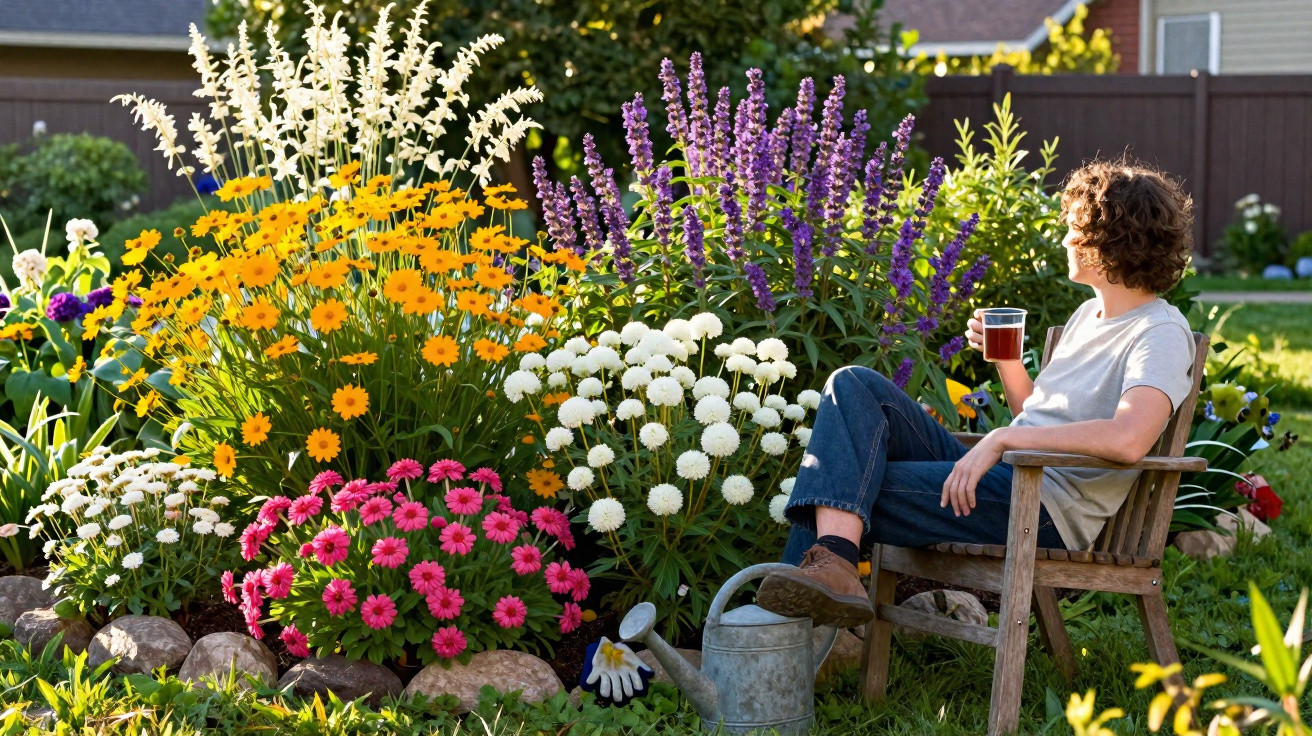 Pessoa sentada numa cadeira de jardim junto a várias flores coloridas, segurando um copo de bebida.