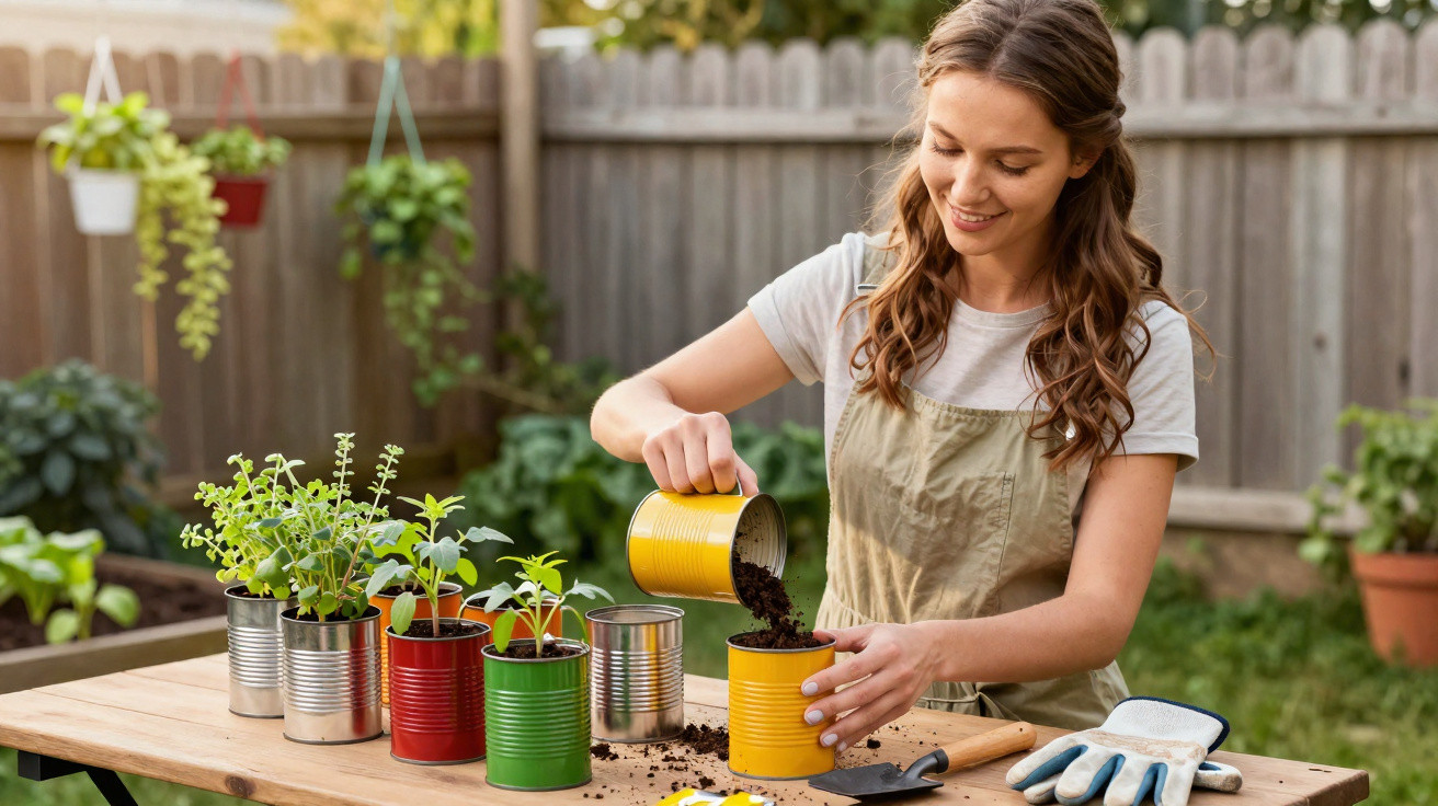 Mulher a colocar terra em vaso reciclado no jardim com várias plantas e ferramentas à volta.