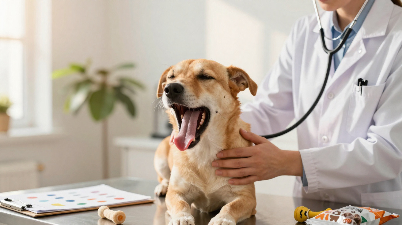 Veterinário a auscultar cão que boceja numa clínica, com brinquedos na mesa.