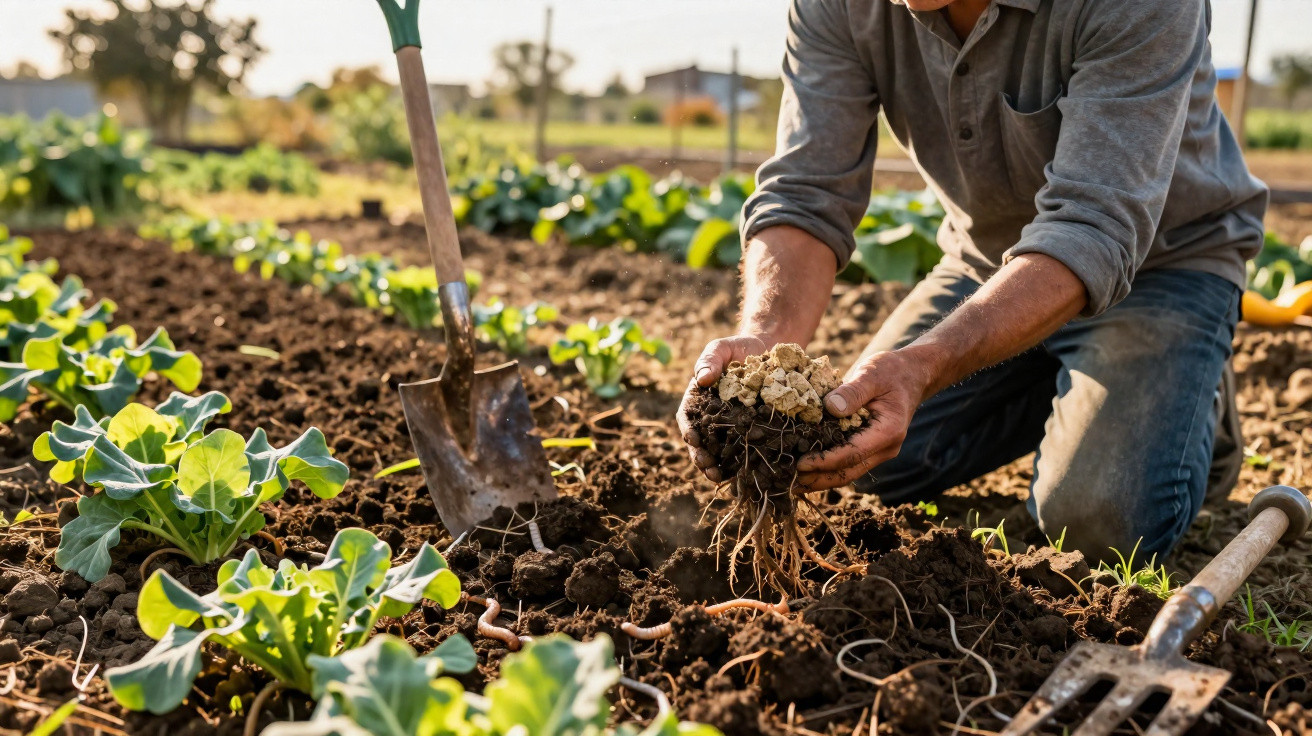 Pessoa a cultivar terra numa horta, segurando raízes com terra, com enxada e garfo a seu lado.