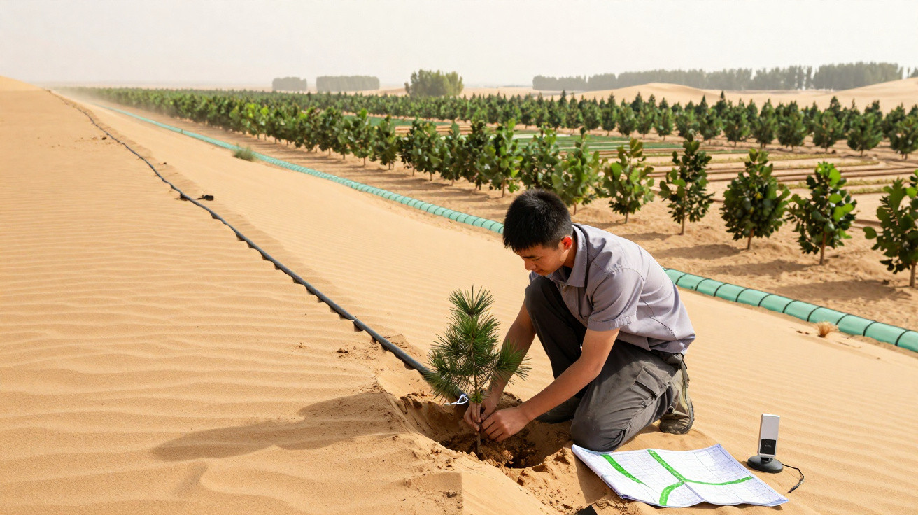 Homem a plantar uma árvore num deserto, com plantas e sistema de irrigação visíveis ao fundo.