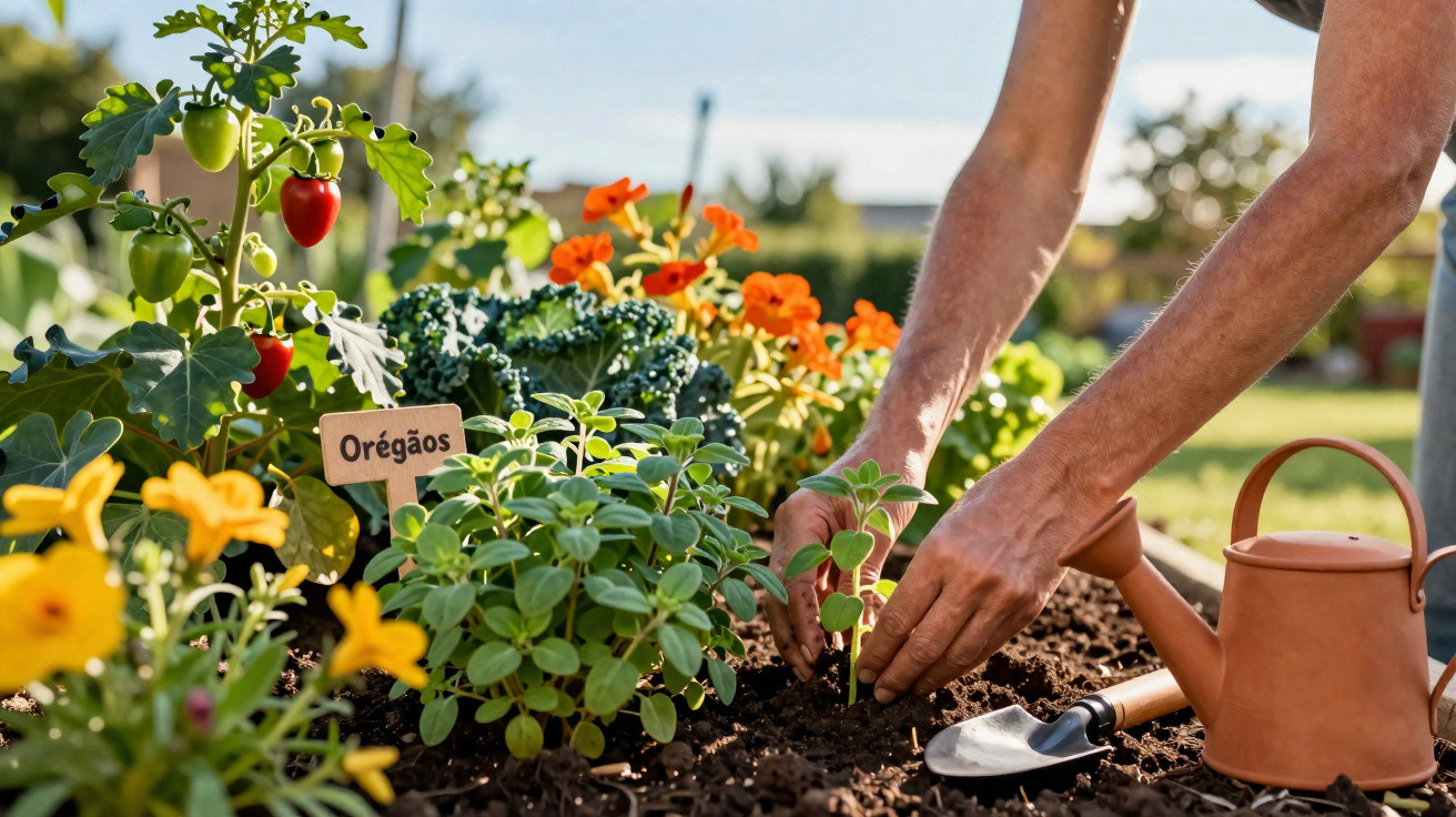 Pessoa a plantar uma muda em jardim com orégãos, flores e regador de metal castanho ao lado.