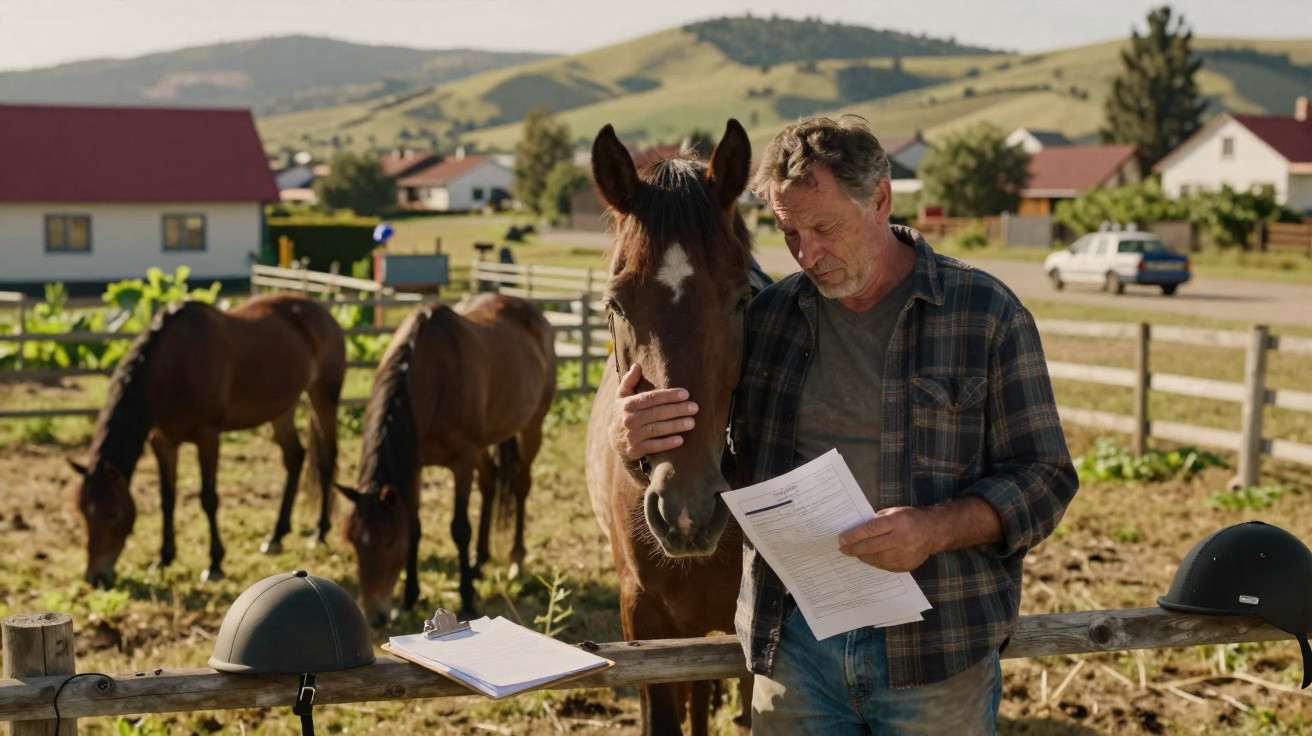 Homem em quinta acariciando cavalo enquanto lê documento, com dois cavalos ao fundo e colinas ao longe.
