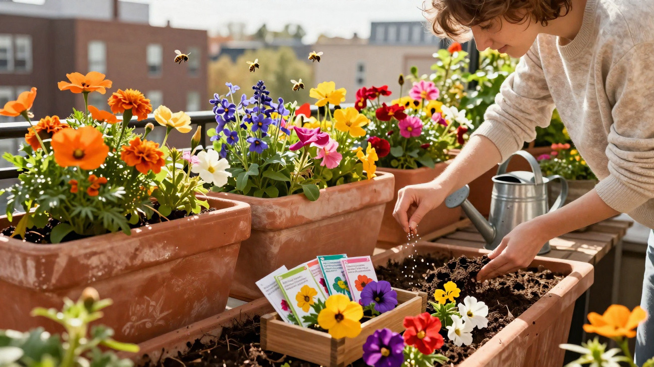 Pessoa a semear flores coloridas numa varanda com várias plantas e um regador metálico ao lado.
