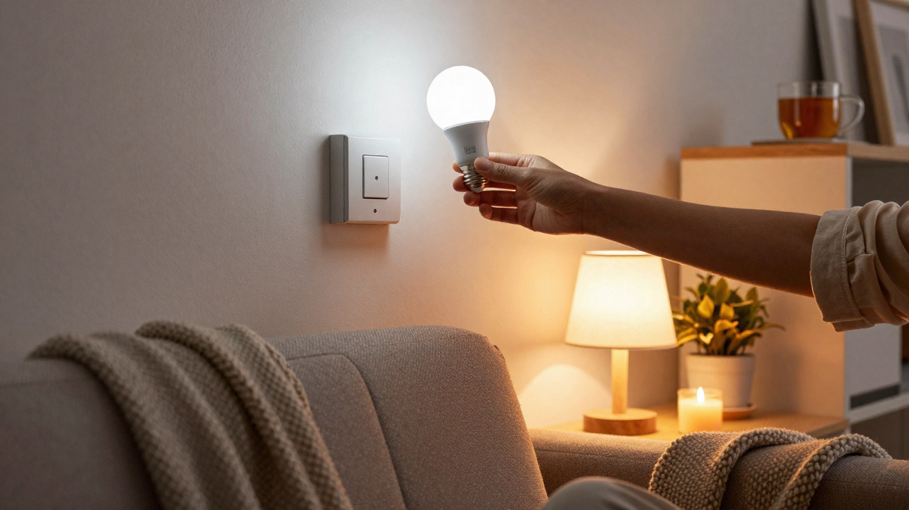Pessoa a colocar uma lâmpada LED numa parede junto a um sofá com mantas e luz ambiente quente.