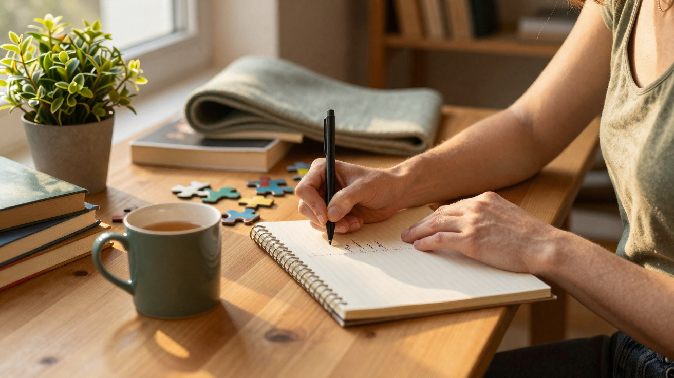 Pessoa a escrever num caderno numa mesa de madeira com caneca, livros e peças de puzzle ao lado.