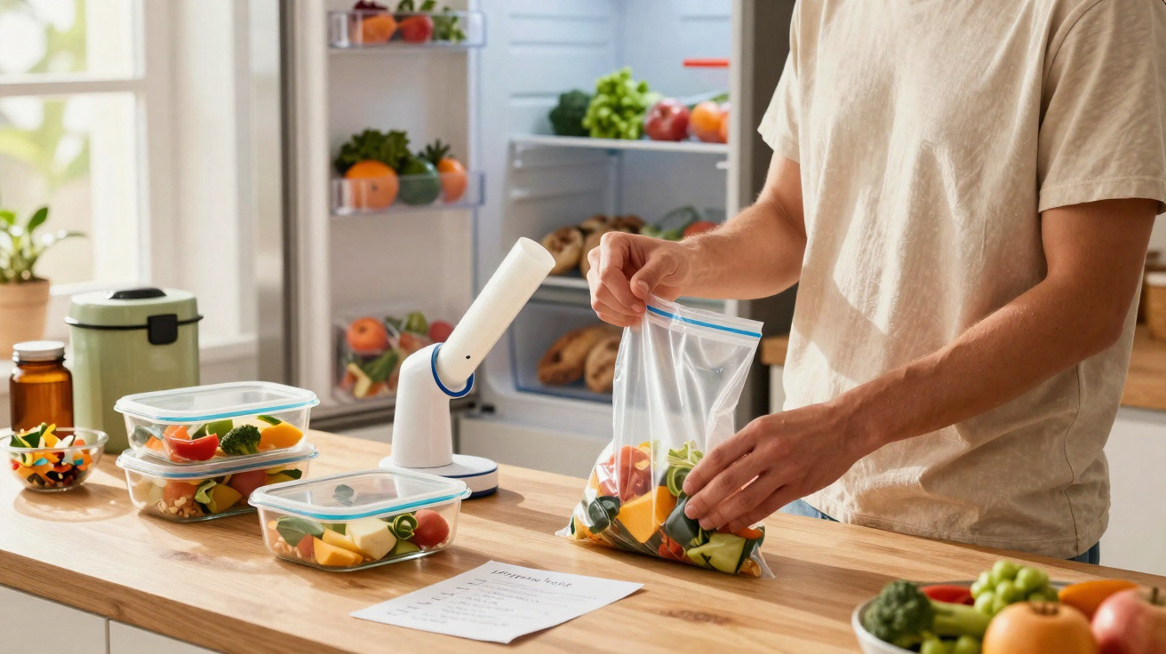 Pessoa a preparar salada colorida e a colocar em saco plástico na cozinha com frigorífico aberto ao fundo.