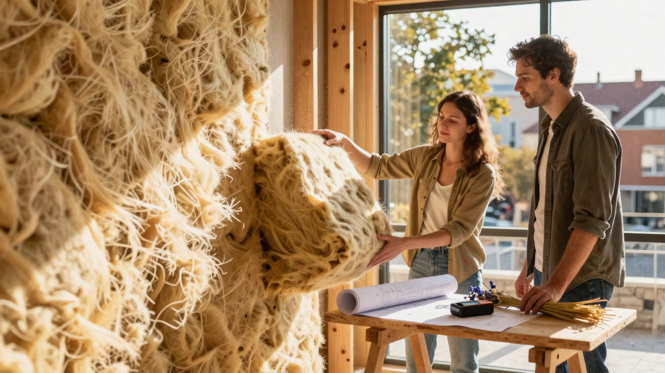 Casal observa amostra de material textil grossa e felpuda em oficina com plantas e plantas ao fundo.