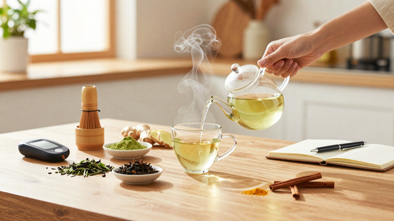 Mão a servir chá quente numa chávena, com ingredientes naturais e um monitor de glicose numa mesa de cozinha.