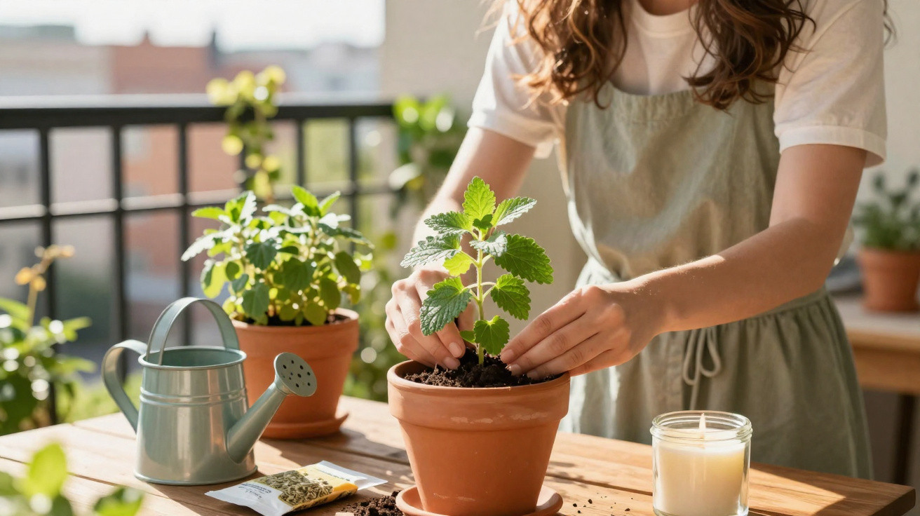 Pessoa a cuidar de planta em vaso num espaço com luz natural, com regador e vela sobre mesa de madeira.