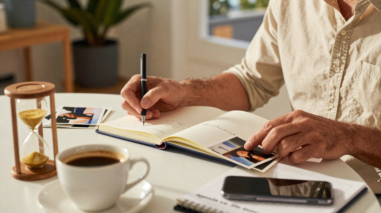 Pessoa a escrever num diário ou agenda, segurando uma foto, com café, telemóvel e ampulheta na mesa.